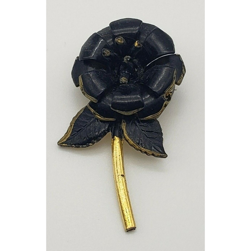 Vintage Rose Flower Brooch Pin Black Enamel Leaves Gold Tone Metal Stem 3D